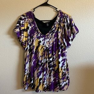 Alfani Medium Short Sleeve Purple Waterprint Top